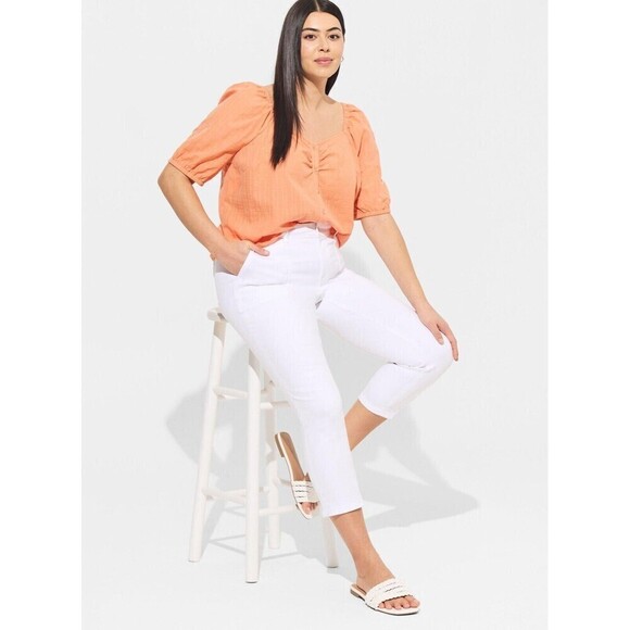 Torrid Seersucker Button Front Puff SS Top Papaya Punch Plus Size 2X (18/20) - Picture 1 of 11